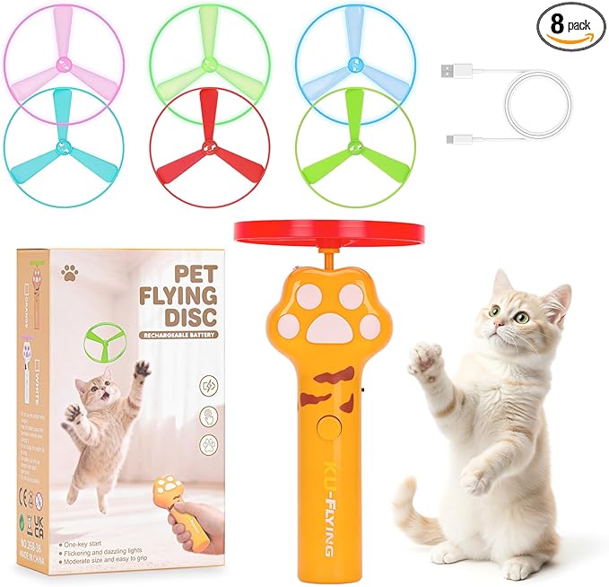Cat Fetch Toy, Rechargeable Flying Disc Launcher with 6 Flying Discs, Cat Interactive Hunting Toys for Outdoor & Indoor (Yellow)