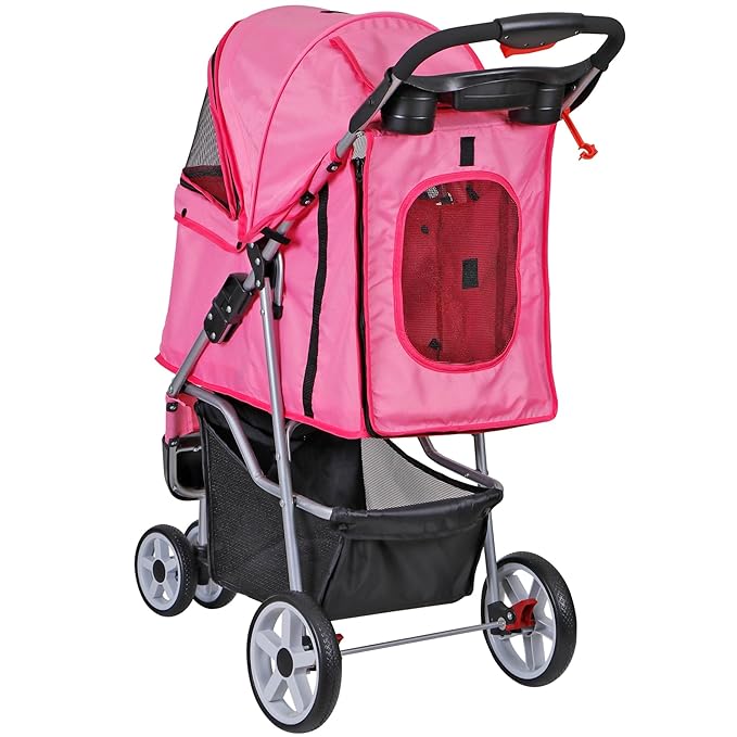 JungleA Foldable Pet Stroller for Cats Dogs,3 Wheel Jogger Stroller for Small to Medium Pets,Lightweight & Portable & Durable with Weather Cover, Storage Basket and Cup Holder,Pink