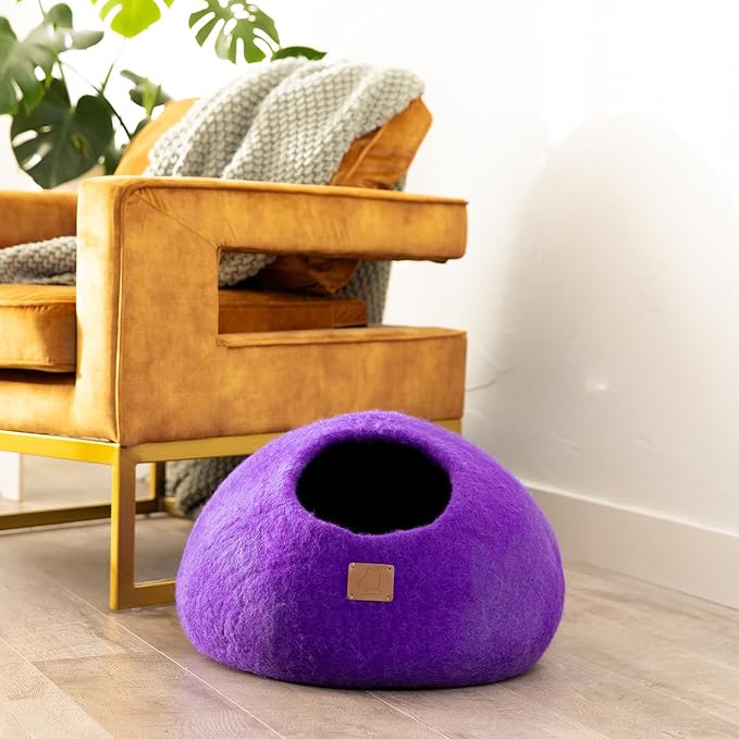 Best Aesthetic Cat Bed - Premium Felted Wool Cat Cave Bed - Cozy Peekaboo Round Cave for Large or Small Cats (Small, Plum Purple)