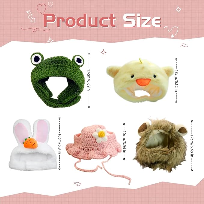 5 Pieces Cat Hat Adorable Cat Costume Outfit Bunny Hat with Ears Funny Mane Hat for Cats and Small Dogs Kitten Puppy Party Costume Accessory Headwear (Frog-Flower-Rabbit-Lion-Chick)