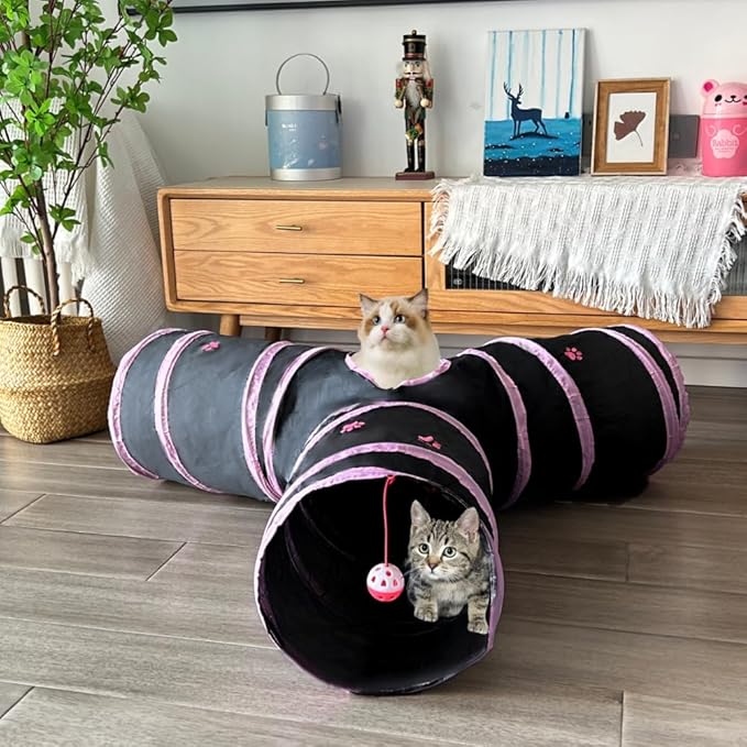Cat Tunnel Tube Toy Collapsible 3 Way Black with Pink Paws, Pet Tunnels for Indoor Cats, Play Tubes with Hanging Ball for Kitten, Puppy, Rabbit, Interactive Toys for Fun Playtime & Exercise