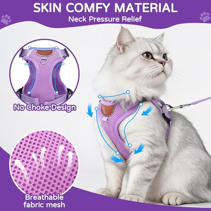 Cat Harness and Leash Set with Holder Compatible with AirTag, Upgraded Escape Proof Adjustable Vest Lead for Large Cat Small Dog Walking, Soft Breathable Mesh Jacket with Reflective Strips, Purple, L