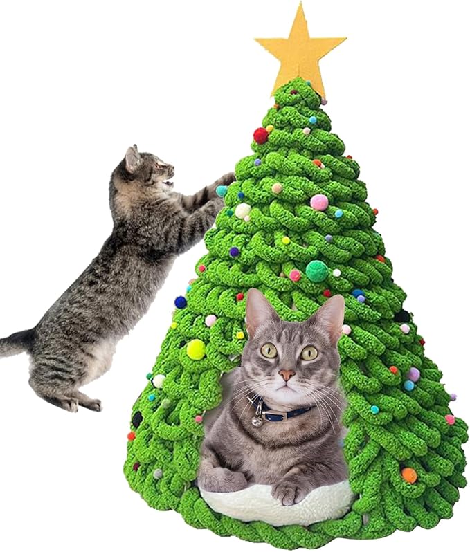 Cat Christmas Tree Bed - Fun Tent Cave House, Kitten Bed Furniture Set with Plush Comfortable Material, and Pet Hideaway for Cats, Dogs, Indoor & Outdoor Use, Family, Friends, Pet Enthusi