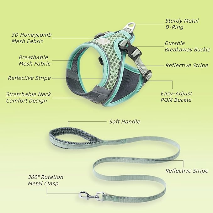 Cat Harness and Leash Set for Comfortable Outdoor Walking, Escape Proof, Adjustable Soft Kitten Vest Harness with Reflective Strip for Cats, Small Dogs (Mint Green, S)