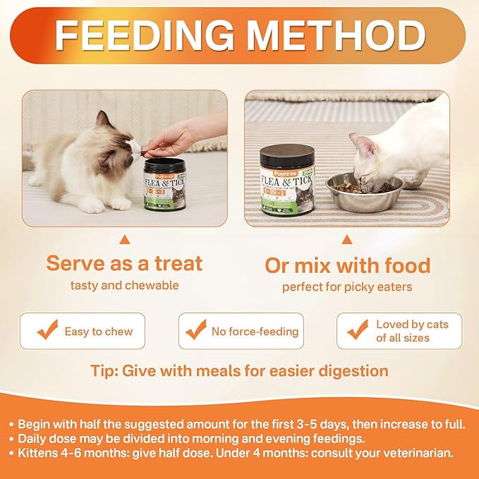 Puyrzoe 4-in-1 Flea Treatment for Cats Chewable, Natural Cat Flea and Tick Prevention Chewable Supplement for Skin & Coat | Immunity Support | Digestive | Flea & Tick Treatment for All Breeds & Sizes