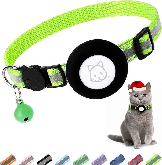 Airtag Cat Collar With Bell and Safety Buckle - 3/8" Width, Reflective, Waterproof Holder Compatible With Apple Airtag for Cat, Dog, Kitten, Puppy (Light Green)