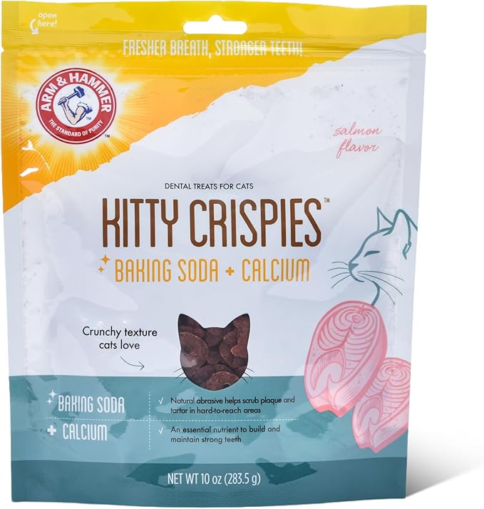 Arm & Hammer Kitty Crispies Dental Cat Treats, Baking Soda & Calcium Formula, Fights Bad Breath, Plaque & Tartar Without Brushing, Highly Digestible, Salmon Flavor, Adult Cats, 10 Oz