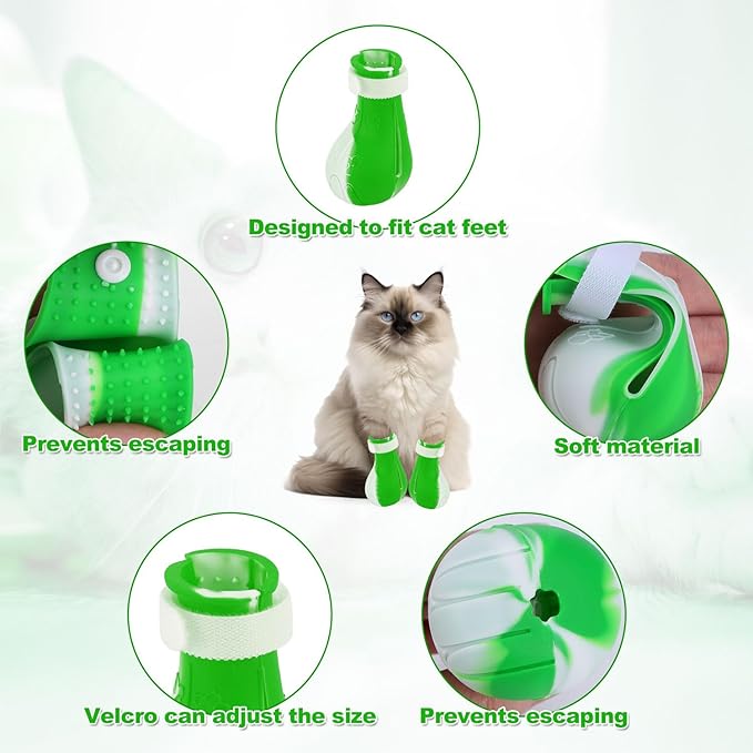 Gosknor 4pcs Cat Feet Covers, Adjustable Anti-Scratch Anti-Bite Silicone Kitten Paw Claw Caps Boots for Nail Trimming Bathing Checking Multifunctional Pet Grooming Protector Products (Green White)