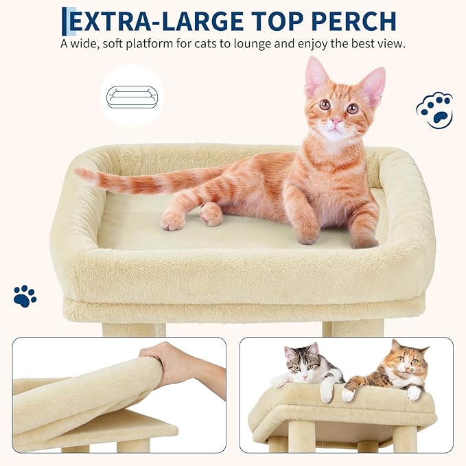 61.4 Inch Cat Tree, Large Cat Tower with Sisal Scratching Posts, 2 Spacious Cat Beds, Hanging Ball & Top Perch, Ideal for Large Indoor Adult Cats, Beige