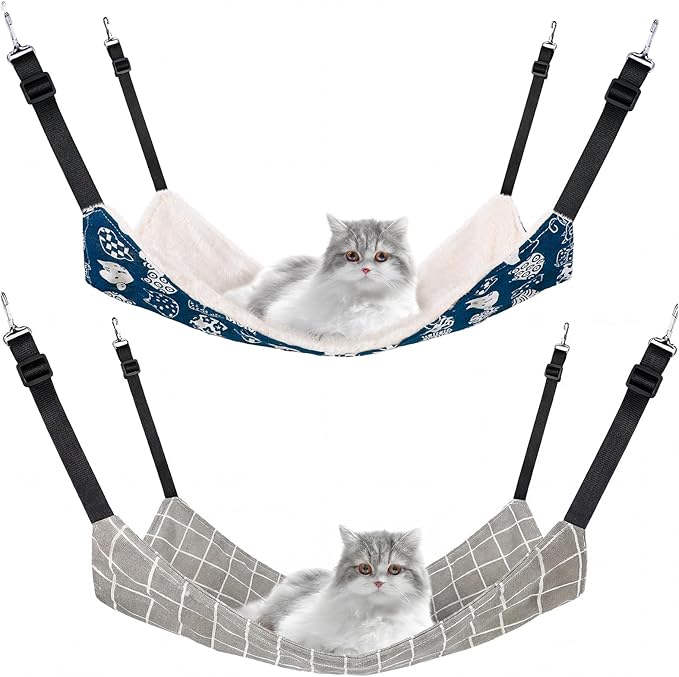 Jetec 2 Pack Cat Hammock for Cage, Catio Accessories Reversible Soft Cats Bed with Adjustable Straps and Hooks Double-Sided Linen and Fleece Hanging Hammock for Cats, Kitten(Cat and Plaid,L)