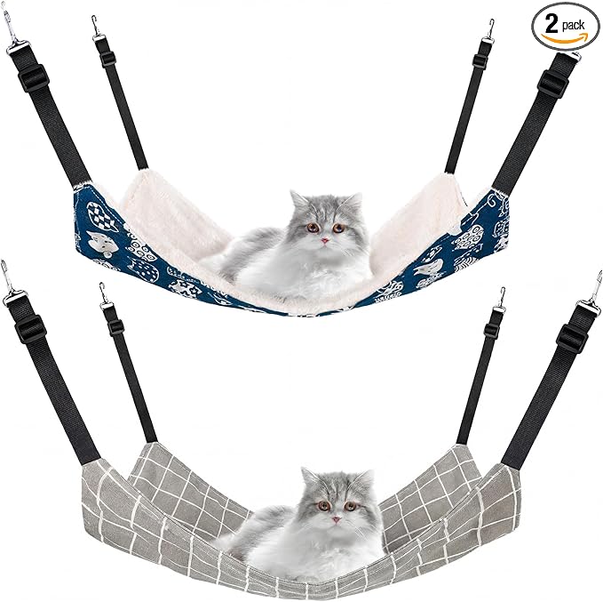 Jetec 2 Pack Cat Hammock for Cage, Catio Accessories Reversible Soft Cats Bed with Adjustable Straps and Hooks Double-Sided Linen and Fleece Hanging Hammock for Cats, Kitten(Cat and Plaid,M)