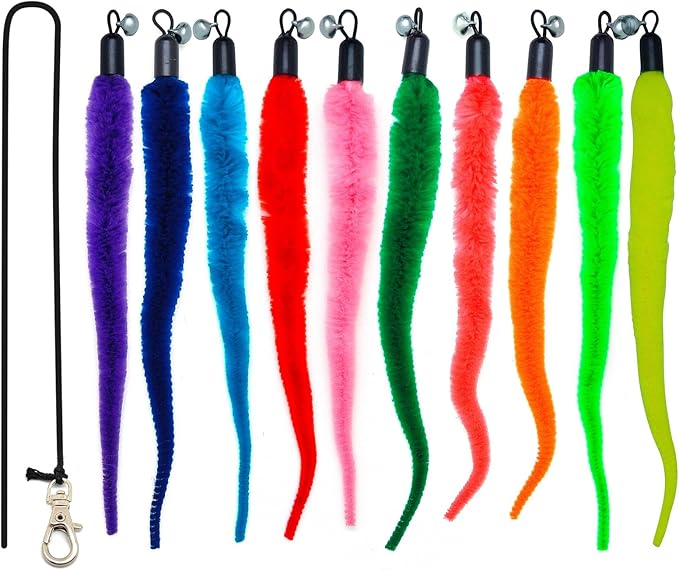 miwoowim 11 PCS Cat Wand Toy Refills - 10 Fuzzy Worm Attachments with Bells & 1 Replacement String with Clasp, Interactive Teaser Toys for Indoor Cats(10 Worms Refill)