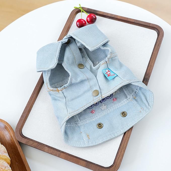 Patriotic Denim Dog Vest with D-Ring for Small Dogs – Red White and Cute Embroidered American Flag Puppy Jacket, 4th of July Pet Outfit(XS)