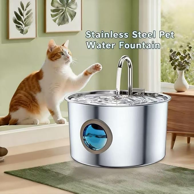 Cat Water Fountain Stainless Steel Battery Operated Pet Fountain Rechargeable Water Dispenser for Cats LED Water Level Window Ideal for Cats Dogs Multi-Pet Home