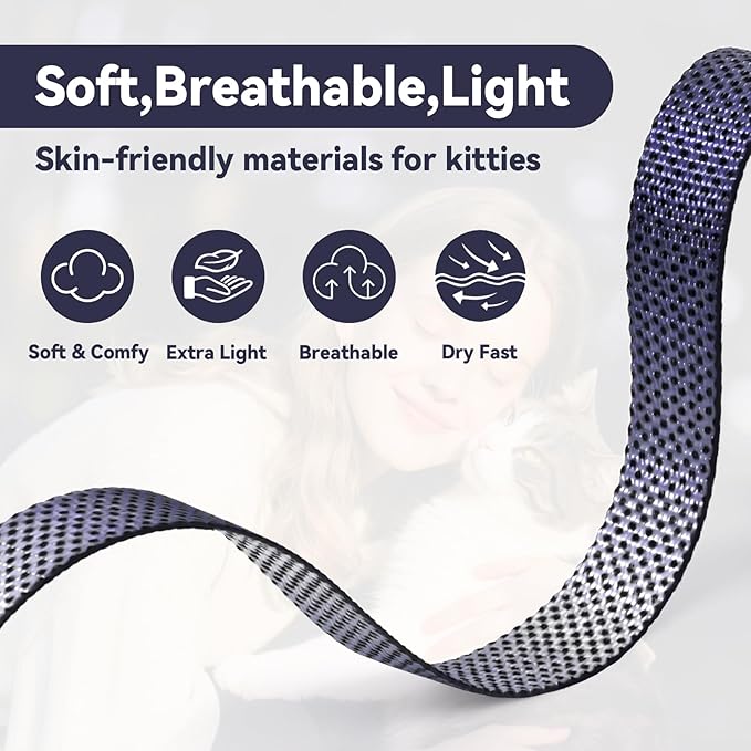 Cat Harness and Leash Set, 3-in-1 Escape Proof Adjustable, Comfortable Soft Lightweight, Safe, Easy to Wear, Walking Travel Kitten Harness for Small Medium LCats (Purple)