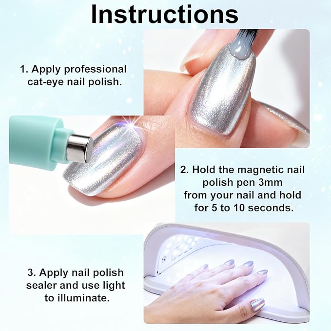 3 in 1 Cat Eye Magnet for Nails, Multifunctional Magnet Tools Nails Design Cat Eye Gel Polish Magnetic Pen Line & Heart Shaped Round Accessories for Home DIY Art Salon Studio
