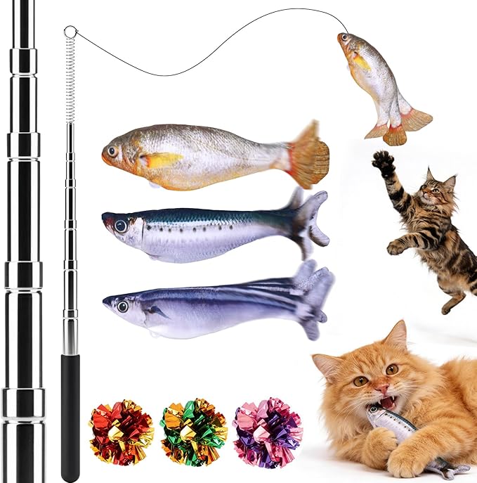BABORUI Cat Toys Interactive, Mini Realistic Electric Floppy Fish Cat Toy, Cats Fishing Pole Toy with Elastic String for Bored Indoor Adult Cats