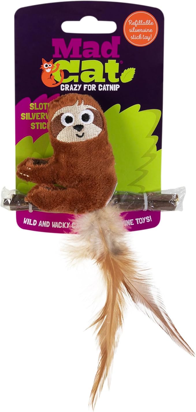 Mad Cat Sloth with Sticks Catnip & Silverine Soft Feather Plush Cat Toy, Pack of 4