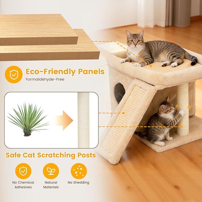 Cat Tree, Compact Cat Tree for Small Spaces, Heavy Duty Cat Tower for Large Cats,Small Cat Tower with Cat Scratching Post & Bed, Cat Condo Climbing Furniture for Indoor Cats (Off-White)