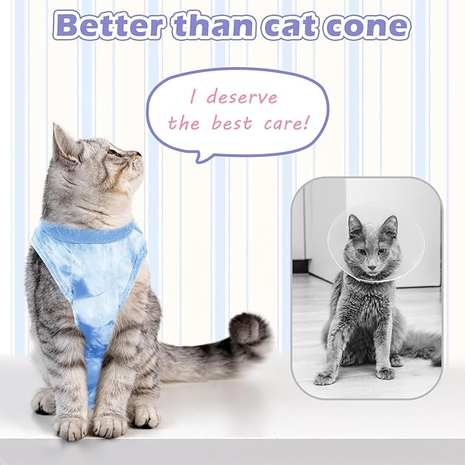 2 Pack Cat Surgery Recovery Suit for Female and Male, Soft Cat Spay Shirts Clothes, Comfortable Kittens Pajamas Onesie, Adjustable Fit to Stop Licking, Blue M