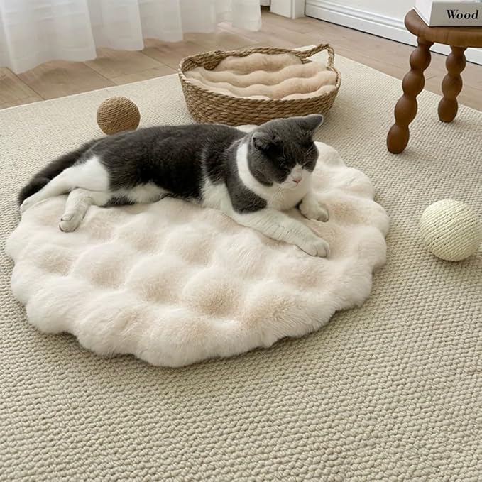 Pet Cushion Pad, Self-Warming Faux Fur Dog and Cat Bed for Indoor Pets, Cozy Plush Round Kennel Pad for Cage with Non-Slip Bottom, Winter Cat Mat Bed for Kneading (Beige,27.6in Round)