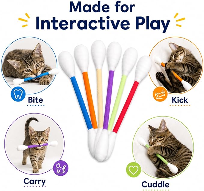 6 Pack Cat Q Tip Toys with Catnip, Giant Cotton Swab Cat Toy for Indoor Cats, Soft Interactive Kitty Toy for Kittens, Bored Cats, Exercise, Kicking, Chewing & Play