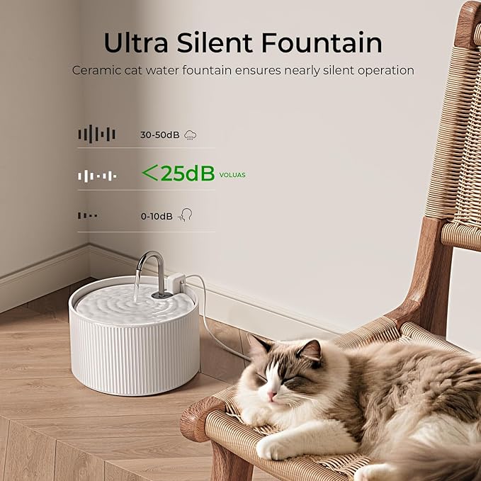 Voluas Ceramic Cat Water Fountain: 2.2L/74oz Cat Fountains for Drinking, Automatic Pet Water Dispenser with Ultra-Quiet Pump and Replacement Filter, Kitty Watering Supplies Indoor Easy Clean 3 Filte