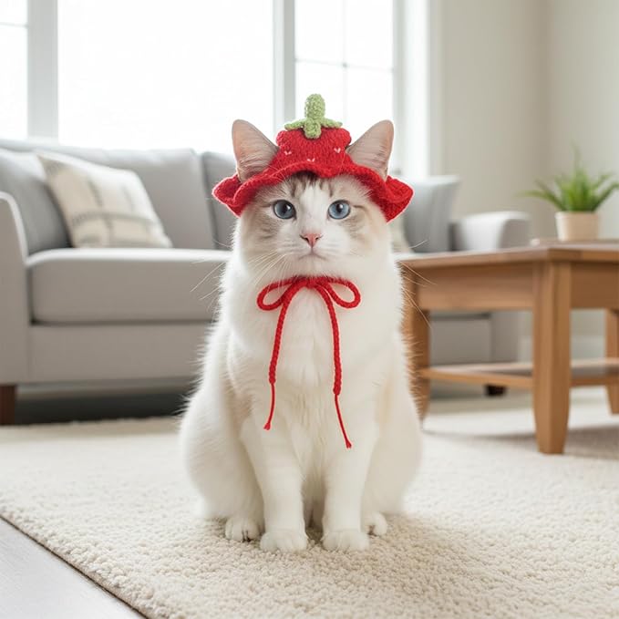 2Pcs Hat for Cat, Cat Hats for Cats Only Cotton & Soft Cute Knitted Hats Cats Apparel for Birthday Party Christmas Easter Travel Clothes Accessories (Strawberry and Flower)