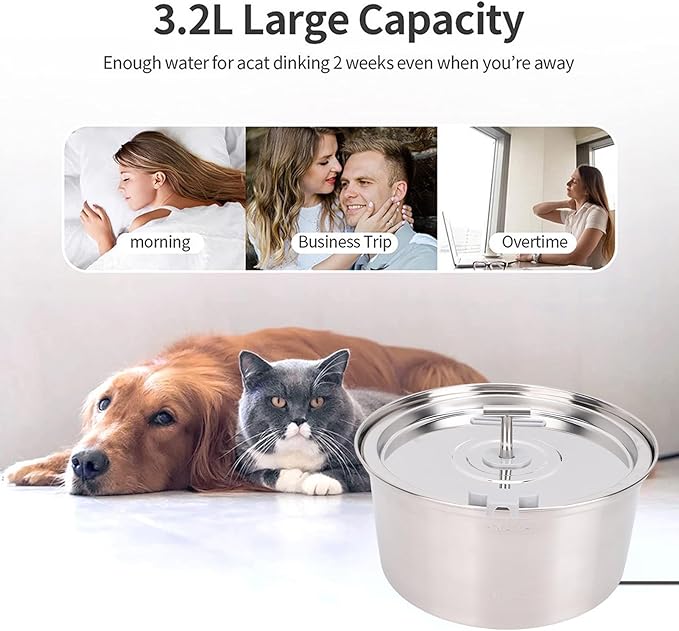 Pssopp 3.2L Automatic Circulating Pet Water Feeder, Low Noise Easy to Cleanup Stainless Steel Cat Water Fountain for Pet Watering Supplies