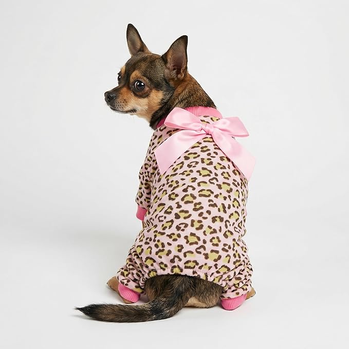 Fitwarm Leopard Dog Pajamas, Fleece Dog Clothes for Small Dogs Girl with Legs, Pet Onesie, Cat Outfit, Pink, Small