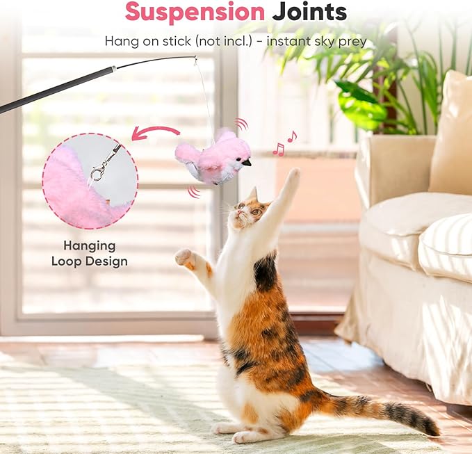 Petbobi Flappy Bird Cat Toy - Realistic Interactive Cat Toy with Sparrow Bird Chirp Tweet Flapping Wings (Non-Flying Design), Rechargeable Motion-Activated Catnip Toys for All Breeds Kittens, Pink