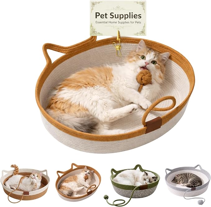 Interactive Cat Bed Basket Handwoven Cotton Rope Stimulicat Cat Basket with Toy Ball, Foldable Scratchable Instinct Basket for Cats & Kittens Stimuli Cat Basket Nest