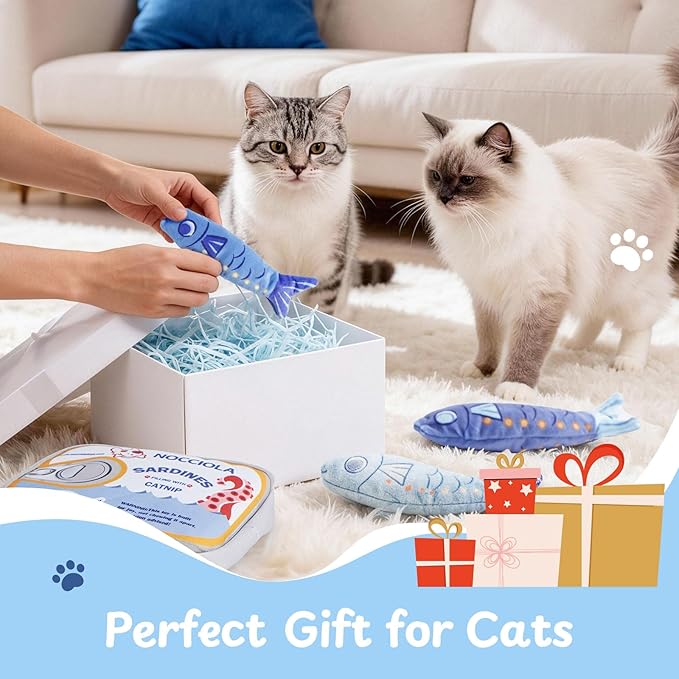 Nocciola Catnip Toys for Indoor Cats - 3 Pack Cat Toys Fish with Sardine Can Pouch, Cat Nip Toys Cat Kicker Toy with Crinkle Paper, Interactive Cat Toy for Kitten Enrichment, Cat Gifts