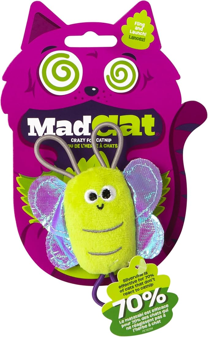 Mad Cat Sling Shot Critter Butterfly Catnip and Silvervine Plush Fling Cat Toy, Pack of 1, Fling and Launch