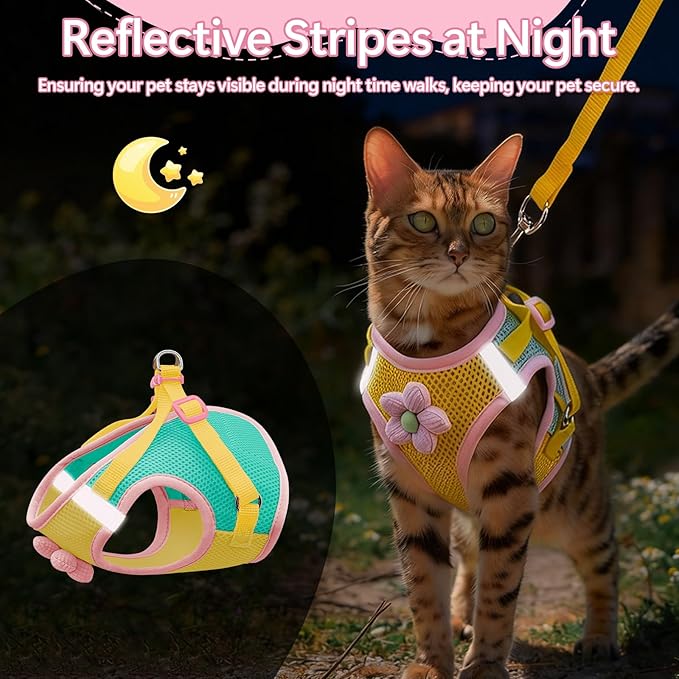 Cat Harness and Leash Set Escape Proof, Adjustable Cat Vest Harnesses Soft Kitten Harness Reflective Strips Jacket with Flower, Breathable Mesh Harnesses for Cats Puppy Easy to Wear Outdoor Walking