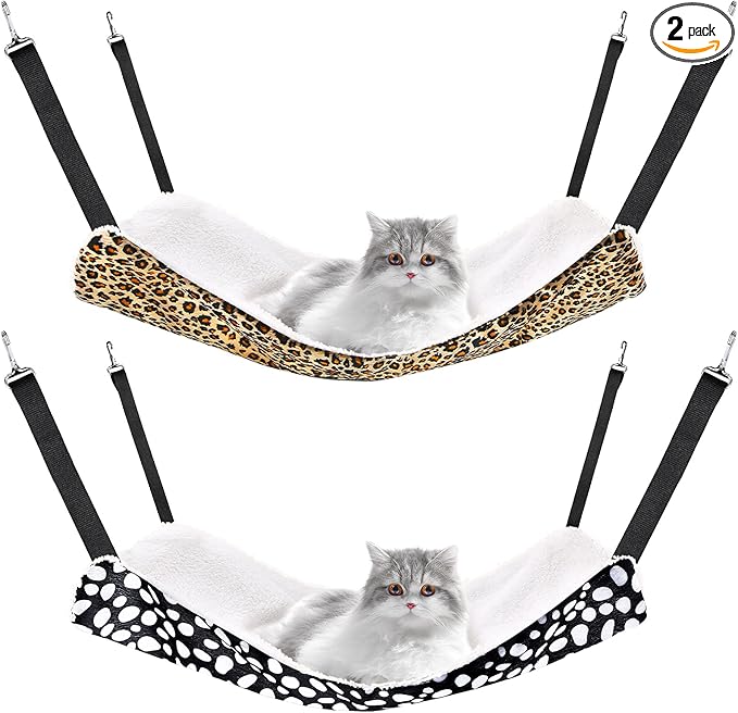 Jetec 2 Pack Cat Hammock for Cage, Catio Accessories Reversible Soft Cats Bed with Adjustable Straps and Hooks Double-Sided Linen and Fleece Hanging Hammock for Cats, Kitten(Leopard and Dot,L)