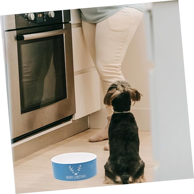 VILLCASE Christmas Ceramic Cat Bowl and Dog Feeding Dish with Snowman and Reindeer Pattern, Blue Porcelain Pet Food Bowl for Floor Feeding and Watering, Holiday Pet Supplies