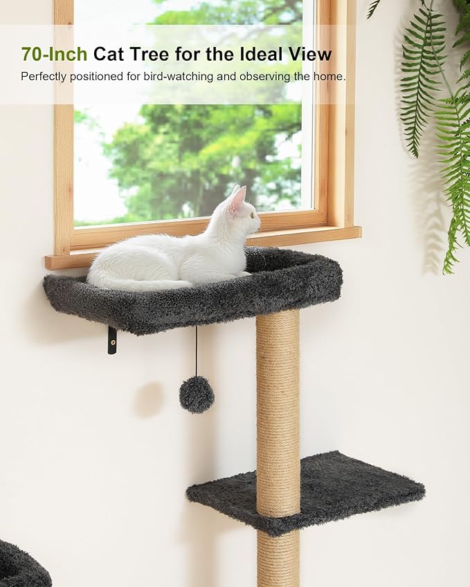FUKUMARU Cat Wall Shelves Set, 70 Inch Stable Wall Mounted Tree, Kitten Scratching Post with Soft Cushion Perch, Space Saving Climbing Wall Furniture for 16 Inch Drywall - Gray