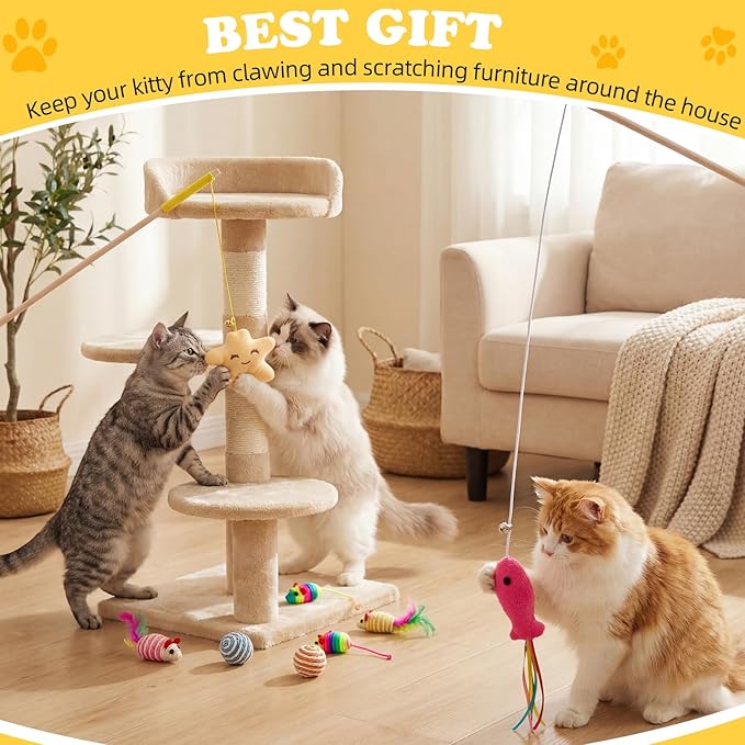 Leitee 16 Pcs Cat Interactive Toys Set Wooden Cats Teaser Wand Toy with Feather Handle Chew Rope Mouse Sisal Balls with Bells for Indoor Kitten Play Chase Exercise (Mice Toy)