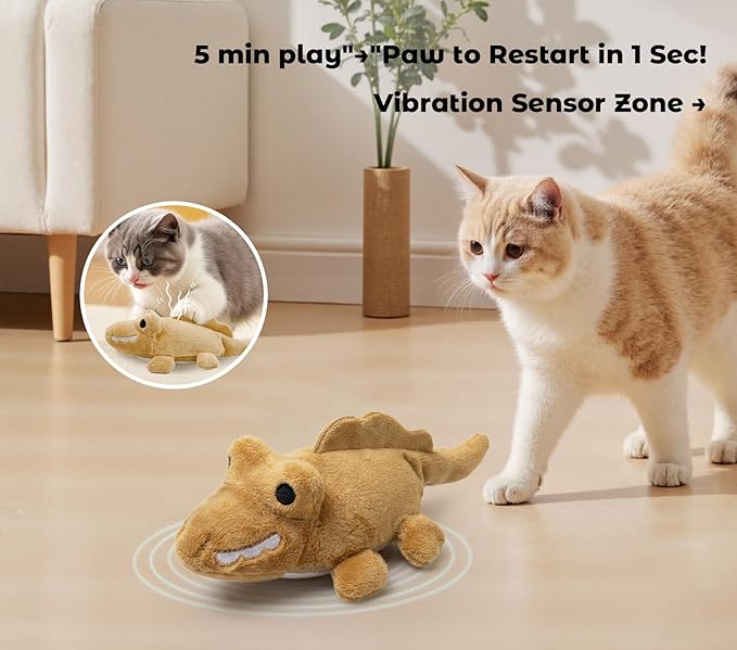 Interactive Cat Toys for Indoor Cats – Auto Moving Alligator with 360° Random Movement & Tail Wagging, Rechargeable Cat Exercise Toy with Catnip, Self-Play Fun for Bored Adult Cats-Brown