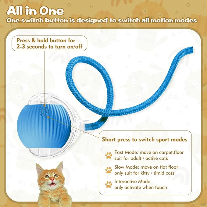 Interactive Cat Ball Toys for Indoor Cats, Upgraded Automatic Cat Toys for Bored Indoor Adult Kitty, Peppy Pet Ball for Cats, 360°Smart Rolling Kitty Balls Toy (Blue)