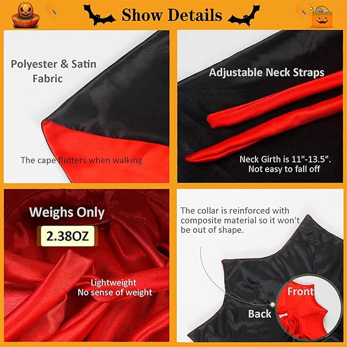 Cat Halloween Costumes, Vampire Cloak Cape Costume Clothes, Cat Bat Mask with Cloak, Red Black Pet Accessories Outfit Decor Cowl for Small Dogs, Halloween Party Pet Cosplay