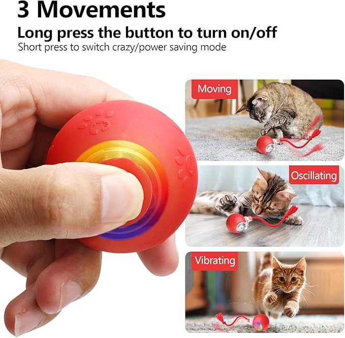 Interactive Cat Toy Ball with Red Tassel Tail, 3 Speed Modes Motion Activated Automatic Rolling Ball with Sound On/Off, USB Rechargeable Durable Toys for Cats & Kittens, Indoor Small Dogs