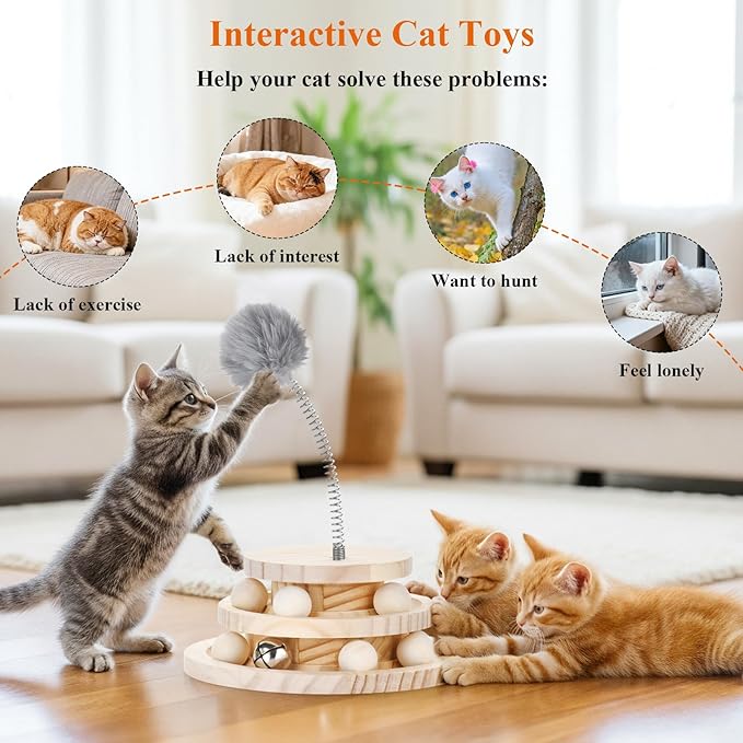 2-Tier Wooden Cat Ball Track Toy - Non-Toxic Cat Turntable with Removable Balls, Interactive DIY Circle Toy for Kittens & Cats Mental/Physical Exercise, Safe Natural Wood Kitty Roller