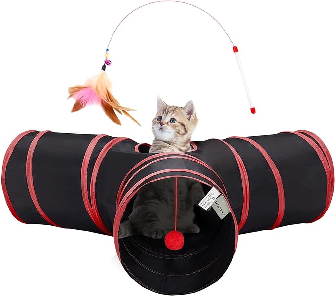 Tempcore Cat Tunnel for Indoor Cats, 3-Way Collapsible Play Tunnel with Teaser Wand, Peek Holes & Toy Ball, Small Pet Toy for Kittens & Rabbits, Black & Red