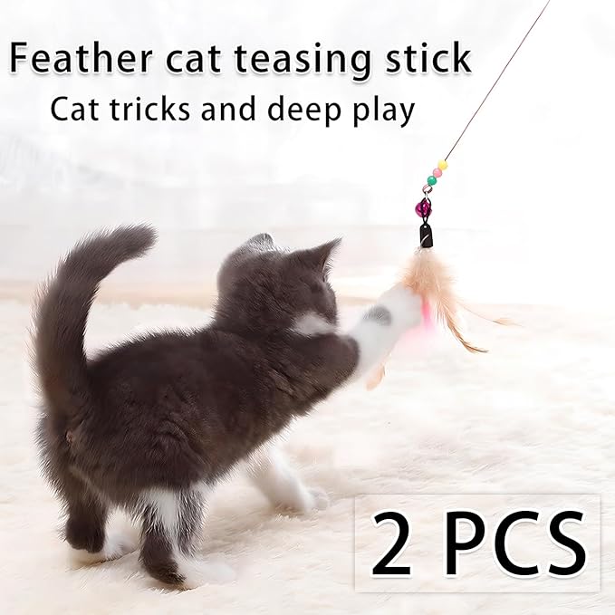 2 PCS Cat Toys Interactive for Indoor Cats,Cat Feather Toys and Wand Toys for Chase Exercise,Teaser Play with Kitten