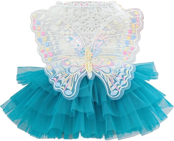 Fairy Dog Dress for Small Dogs & Cats, Lake Blue Princess Outfit with Embroidered Butterfly Wings, Lace Top & Soft Tulle Skirt, Snap Closure (S)