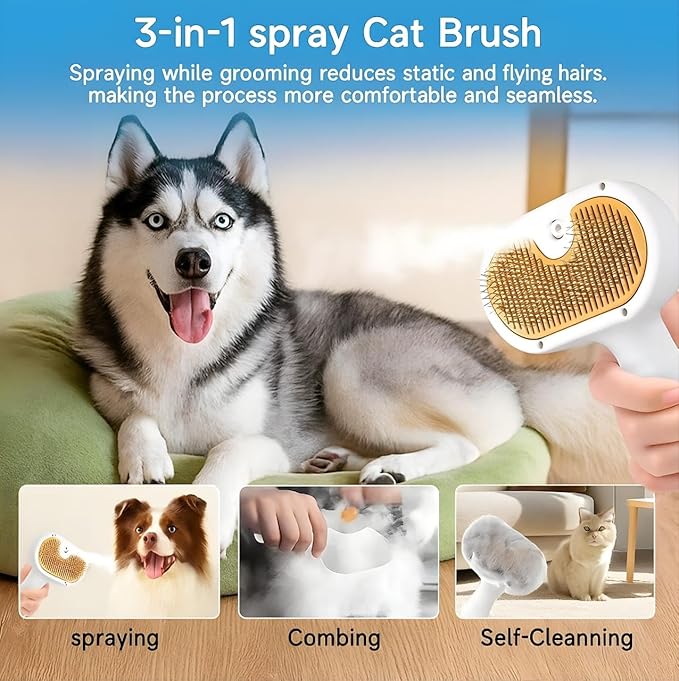 3-in-1 Pet Steam Brush for Dogs & Cats – Gentle Grooming Comb with Spray & Waterless Shampoo – Fur Shedding, Hair Removal, Dematting & Detangling Tool – Portable Steam Cleaner for Long or Short Hair