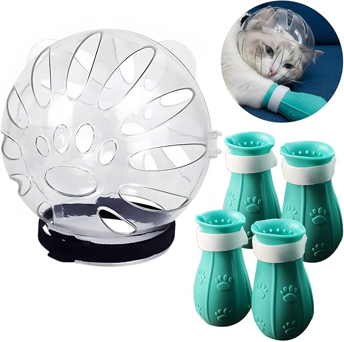 Varku Cat Helmet,Cat Muzzle for Grooming Set Cat Astronaut Helmet, 4 Plastic Paw Shoes, Anti-Bite & Lick,Transparent Breathable Space Cat Helmet Headgear with Paw Covers Blue