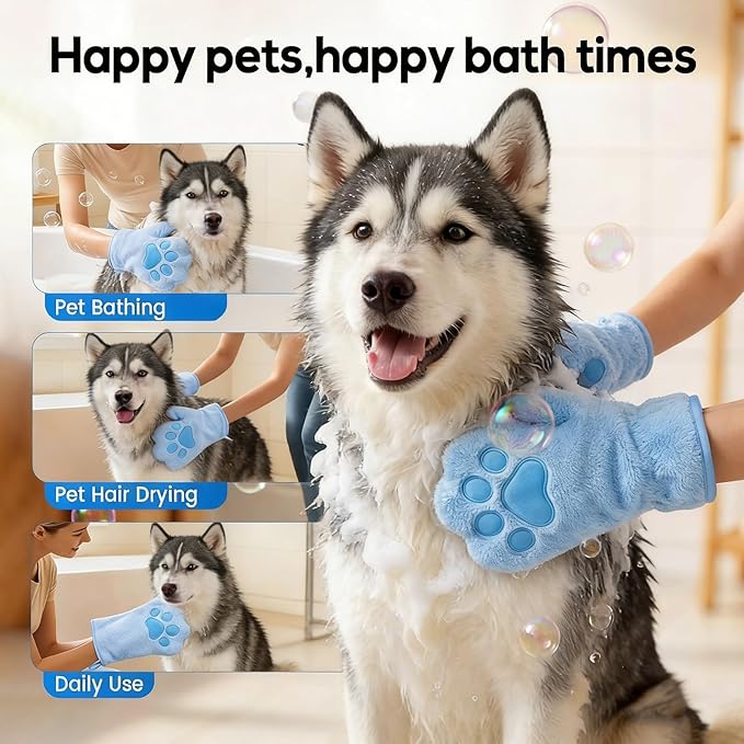 Paw Bathing Towel for Cats Puppy, Machine-Washable Reusable Pet Grooming Towel - Soft, Absorbent Quick-Dry Bath Mitt for Dirt Odor Removal, Daily Care & Travel -Blue
